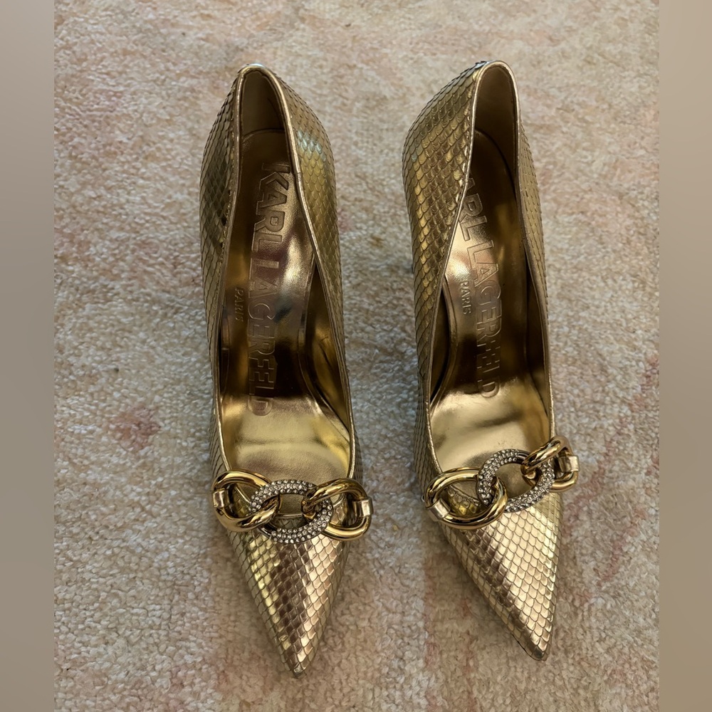 NWOB Karl Lagerfeld Paris Rhinestone Chain Metallic Heels